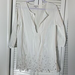 GapBody White Long Sleeve Tunic, Size M, Eyelet Embroidery at Hem, 100% Cotton